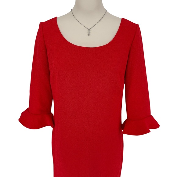 ANN TAYLOR Red Crepe Flouncy Lined 3/4 Ruffle Bell Fluted Sleeve Dress Sz 6 NWT - Picture 3 of 13